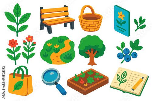 Urban Foraging Icons. Isometric vector illustration set Urban Foraging: edible wild plant, city park bench, woven basket, plant