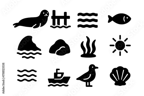 Harbor Seal Icons. Solid style icons of Harbor Seal: Pier, Water, Fish, Coast, Rock, Seaweed, Sun, Waves, Boat, Gull, Iceberg,