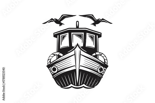 Two soaring seagulls hover above a detailed, monochromatic fishing vessel at sea
