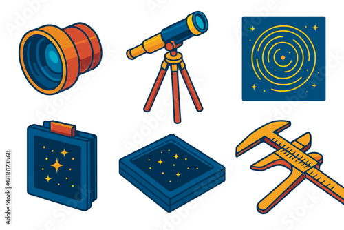 Vintage Astrophotography Icons. Isometric vector illustration set Vintage Astrophotography: Telescope Lens, Tripod, Star Trail,