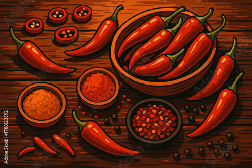Chili Peppers and Spices. Rustic wooden table filled with fresh chili peppers and vibrant spices, bold red tones illuminated by