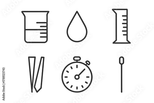 Perfumery Lab Icons. Line style icons of laboratory perfumery: glass beaker, droplet, graduated cylinder, scent strip, stopwatch,