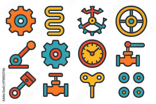 Clockwork Device Icons. Flat vector icons of Clockwork Fantasy Devices: gear, spring, escapement, balance wheel, lever, cogwheel,