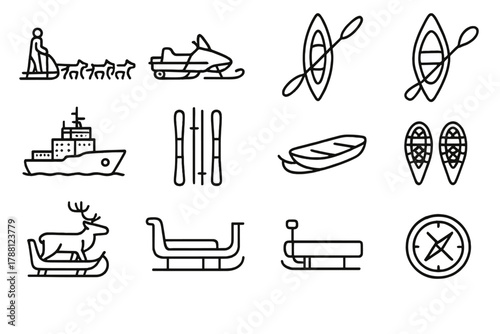 Arctic Transport Icons. Line style icons of Arctic Transport: Dog Sled, Snowmobile, Kayak, Canoe; Icebreaker Ship, Skis, Pulka,
