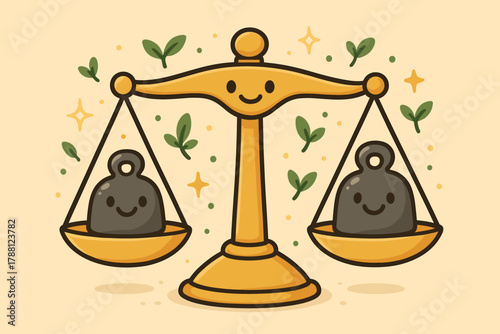 Joyful Balance Scales. Friendly balance scales with grinning weights, surrounded by tiny floating leaves and sparkles