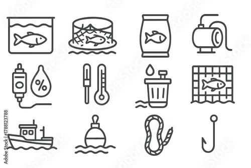 Fish Farming Icons. Line style icons of Fish Farming: Fish Tank, Net Pen, Feed Bag, Water Pump; Oxygen Sensor, Thermometer, Filter