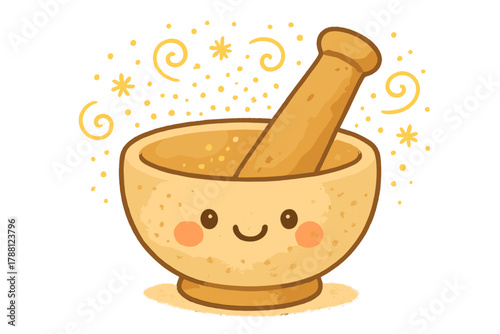 Smiling Mortar and Pestle. Cheerful mortar and pestle with a smiling expression, little doodle powders swirling around