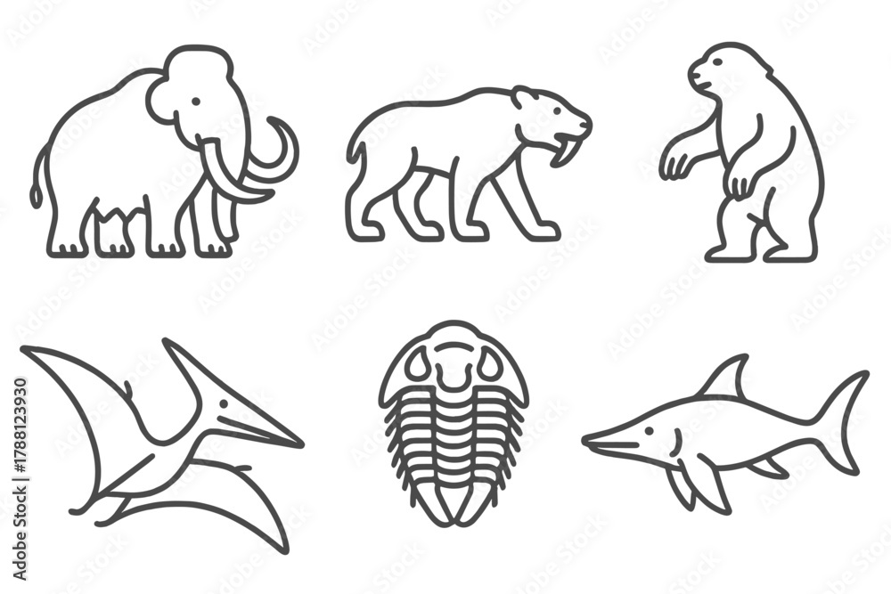 Fototapeta premium Prehistoric Animal Icons. Line style icons of prehistoric animals: mammoth, saber-tooth cat, giant sloth, pterosaur, trilobite,