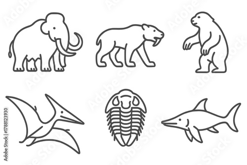 Prehistoric Animal Icons. Line style icons of prehistoric animals: mammoth, saber-tooth cat, giant sloth, pterosaur, trilobite,