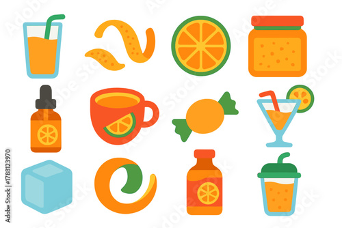 Bold Citrus Icons. Flat vector icons of Citrus Products: juice, zest, slice, marmalade, essential oil, tea, candy, cocktail, ice