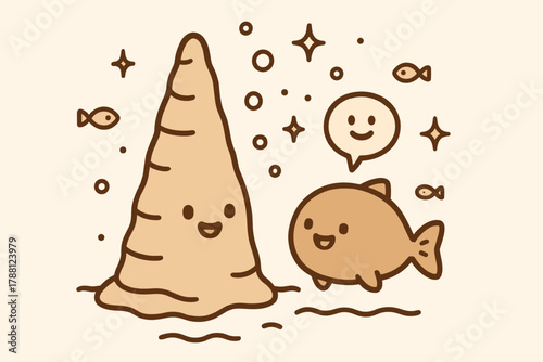 Stalagmite Creature Chat. Sweet doodle vector illustration of a stalagmite and unknown creature chatting happily under doodle