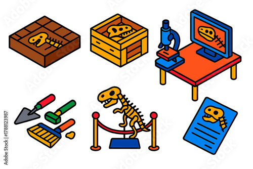 Fossil Discovery Icons. Isometric vector illustration set Fossil Discovery Process: dig site grid, transport crate, research lab,