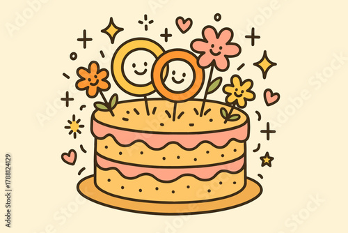 Whimsical Cake Design. Delightful doodle vector artwork of a cake topped with smiling rings and flowers, glowing with doodle