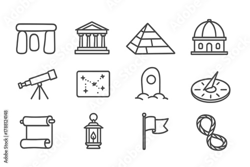 Cultural Observatory Icons. Line style icons of Cultural Observatories: Stone Circle, Temple, Pyramid, Observatory Dome; Telescope