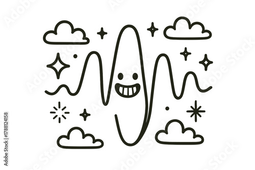 Playful Sound Wave. Adorable doodle vector design of a playful sound wave with a big grin, floating among doodle clouds, stars,