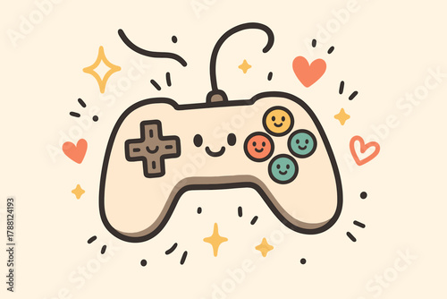 Joyful Controller Doodle. Cute doodle vector artwork of a cheerful controller with happy buttons, floating among doodle sparkles,