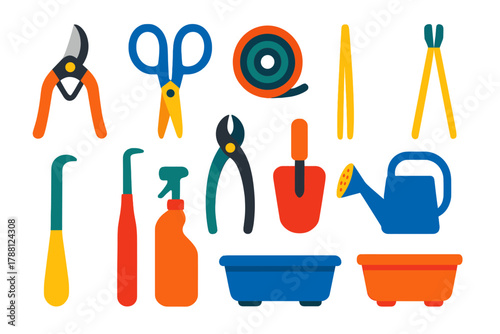Bold Bonsai Tools Icons. Flat vector icons of Bonsai Tools: pruner, scissors, wire, tweezers, root hook, branch clipper, soil