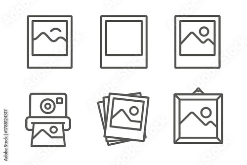 Instant Photography Icons. Line style icons of instant photography: developing photo, blank film, printed memory, snapshot, stack