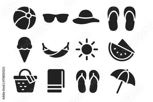 Summer Leisure Icons. Solid style icons of Summer Leisure: Beach Ball, Sunglasses, Sun Hat, Sandals, Ice Cream, Hammock, Sun,
