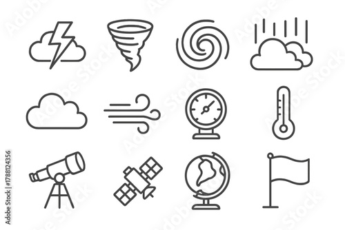 Atmospheric Phenomena Icons. Line style icons of Atmospheric Phenomena: Lightning, Tornado, Cyclone, Aurora; Cloud, Wind, Pressure