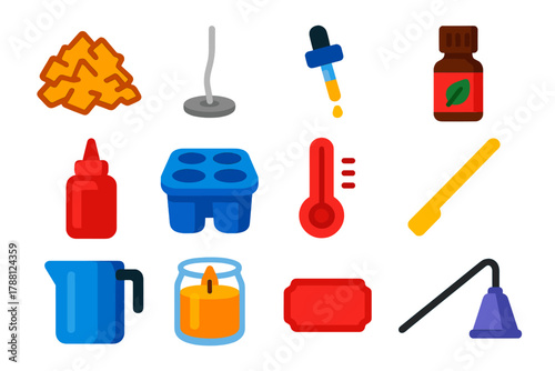 Scented Candle Icons. Flat vector icons of Scented Candle Making: wax, wick, fragrance oil, essential oil, dye, mold, thermometer,