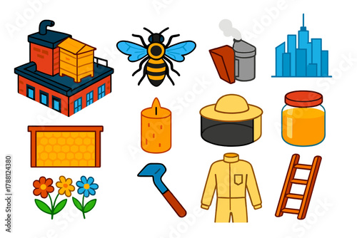 Urban Beekeeping Essentials. Isometric vector illustration set Urban Beekeeping: rooftop hive, single bee, smoker canister,
