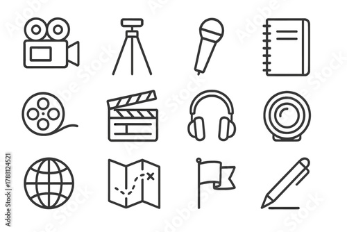 Ethnographic Film Icons. Line style icons of Ethnographic Film: Camera, Tripod, Microphone, Notebook; Film Reel, Clapperboard,