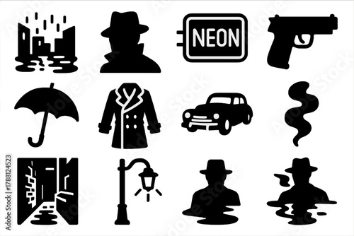 Neon Noir Icons. Solid style icons of Neon Noir: Rain-Slicked Street, Fedora Silhouette, Neon Sign, Pistol, Umbrella, Trench Coat,
