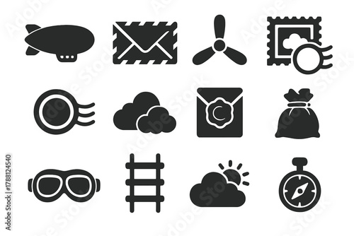 Zeppelin Mail Icons. Solid style icons of Zeppelin Mail: Air Mail Envelope, Propeller, Postmark, Cloud, Letter Seal, Stamp, Pilot
