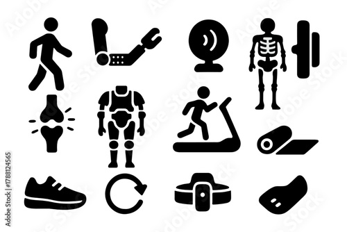 Sports and Biomechanics Icons. Solid style icons of Sports and Biomechanics: walking figure, prosthetic arm, motion tracker,