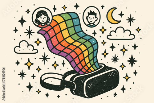 VR Rainbow Projections. Magical doodle vector design of a VR headset projecting rainbow doodle grids, stars, and avatars into the