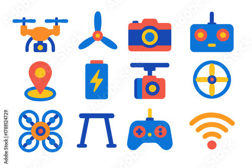 Bright Drone Icons. Flat vector icons of UAV Technology: drone, propeller, camera, remote, GPS, battery, gimbal, rotor, quadcopter