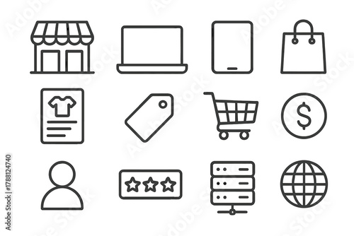 Marketplace Line Icons. Line style icons of Online Marketplaces: Storefront, Laptop, Tablet, Shopping Bag; Product Listing, Tag,