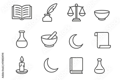 Islamic Medicine Icons. Line style icons of Islamic Physicians: Manuscript, Inkpot, Quill, Scale; Flask, Mortar, Pestle, Bowl;