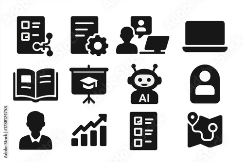 EdTech AI Icons. Solid style icons of EdTech AI Tools: adaptive lesson, automated grading system, virtual instructor, laptop,
