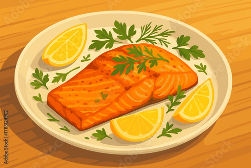 Roasted Salmon Delight. Plated roasted salmon garnished with lemon wedges and fresh herbs, vibrant colors, warm natural vector