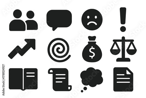 Social Impact Icons. Solid style icons of public perception and social impact: human silhouettes, speech bubble, sad face,