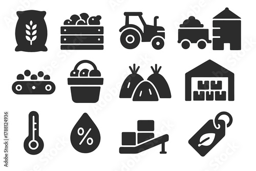 Harvest and Storage Icons. Solid style icons of Harvest and storage: grain bag, fruit crate, tractor trailer, storage silo,