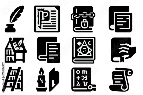 Mysterious Manuscript Icons. Solid style icons of Mysterious manuscripts: ink quill, illuminated page, chained book, scribes desk,