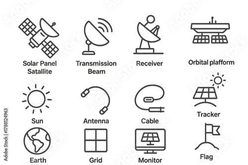 Space Solar Power Icons. Line style icons of Space Solar Power: Solar Panel Satellite, Transmission Beam, Receiver, Orbital
