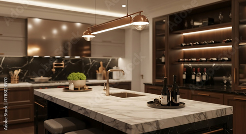 Dark walnut bar top with luxury open-concept kitchen background, cinematic interior for premium home marketing