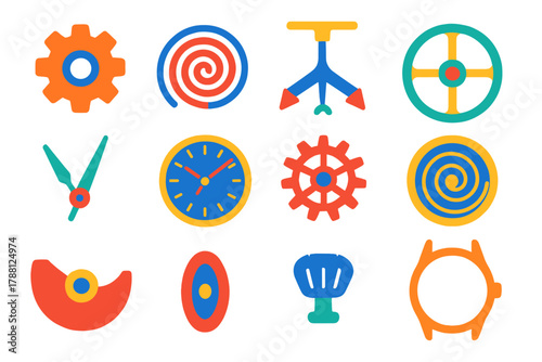 Minimalist Watch Icons. Flat vector icons of Mechanical Timepieces: gear, spring, escapement, balance wheel, hands, dial, pinion,