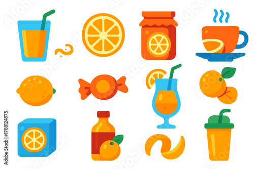 Bold Citrus Icons. Flat vector icons of Citrus Products: juice, zest, slice, marmalade, essential oil, tea, candy, cocktail, ice