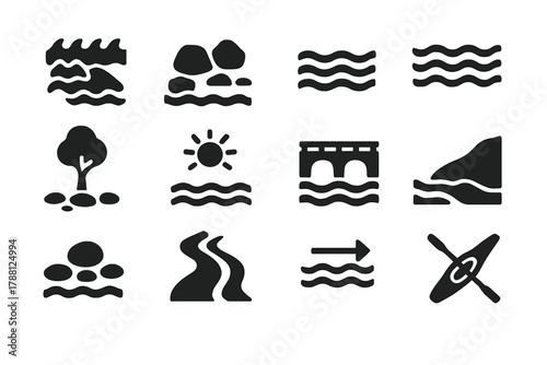 River Elements Icons. Solid style icons of River Elements: Rapids, Rocks, Water, Waves, Tree, Sun, Bridge, Bank, Pebbles, Stream,