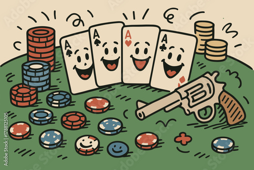 Playful Poker Scene. Playful poker table with smiling cards, chips, and revolver turned into a funny doodle prop