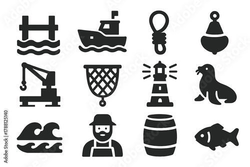 Harbor Icons Set. Solid style icons of Pier and Harbor: Dock, Boat, Rope, Buoy, Crane, Net, Lighthouse, Seal, Wave, Fisherman,
