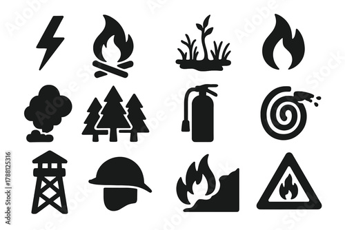 Forest Fire Icons. Solid style icons of Forest Fires: lightning bolt, campfire, dry vegetation, flame, smoke plume, forest trees,