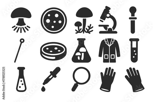 Fungi Research Tools. Solid style icons of Fungi Study: Spore Print, Petri Dish, Mycelium, Microscope, Inoculation Loop, Agar