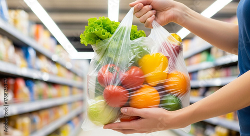 Hands holding plastic grocery bag full of items, fresh produce and sustainable shopping in supermarket