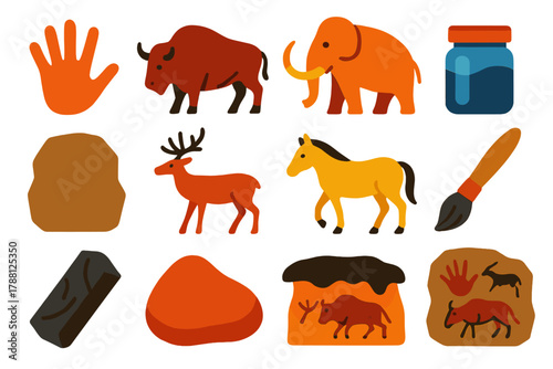 Cave Art Icons. Flat vector icons of Cave Art Elements: handprint, bison, mammoth, pigment, rock wall, deer, horse, brush,